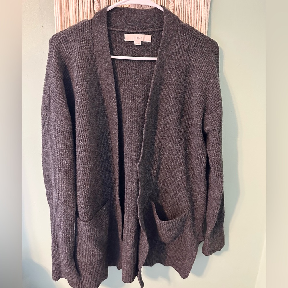 LOFT Waffle Knit Charcoal Gray Cardigan Womens Size Medium